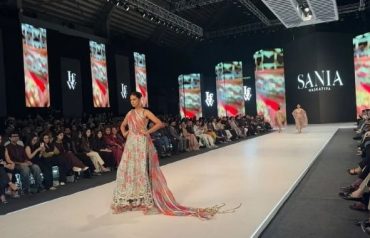 Model walks the runway wearing an embroidered outfit from Sania Maskatiya’s LALEH collection at LAAM Fashion Week Season 2 Day 1 in Lahore, 2026.