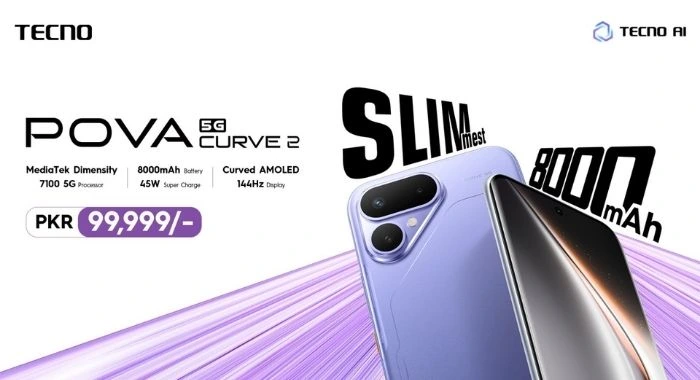 TECNO POVA Curve 2 5G launched in Pakistan at PKR 99,999, featuring an ultra-slim design, 8000mAh battery, 45W Super Charge and 144Hz curved AMOLED display.