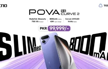 TECNO POVA Curve 2 5G smartphone priced at PKR 99,999 in Pakistan, featuring an 8000mAh battery, ultra-slim design, MediaTek Dimensity 7100 5G processor and 144Hz curved AMOLED display.